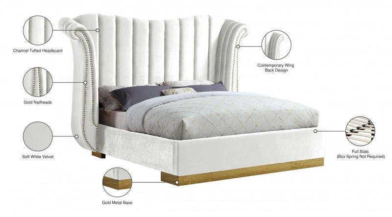 Flora Velvet Queen Bed (3 Boxes) White - Gate FurnitureQueen Bed