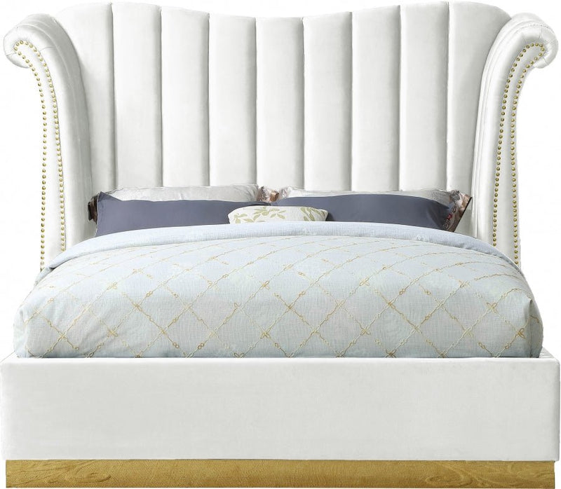 Flora Velvet Queen Bed (3 Boxes) White - Gate FurnitureQueen Bed