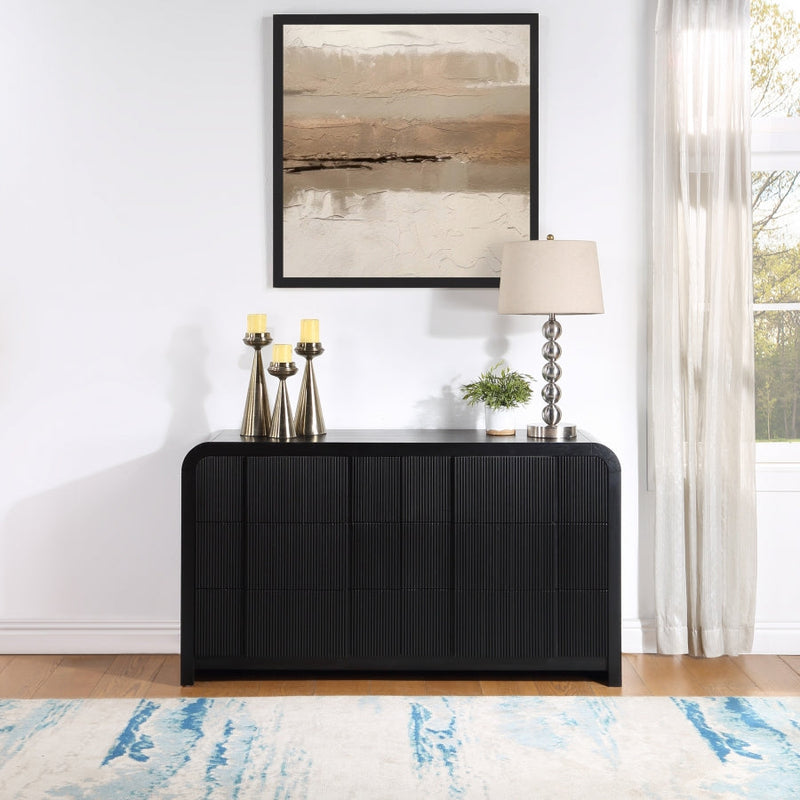 Fluted Solid Wood And Oak Veneer Dresser in Black - 314Black-D