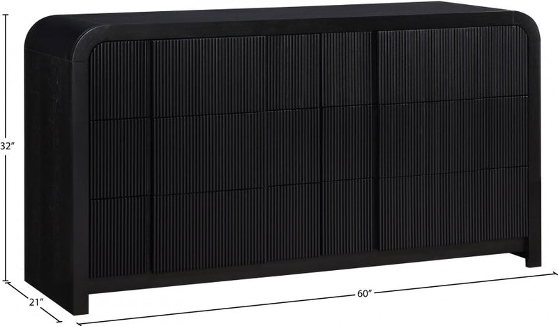 Fluted Solid Wood And Oak Veneer Dresser in Black - 314Black-D