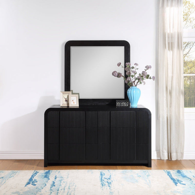 Fluted Solid Wood And Oak Veneer Mirror in Black - 314Black-M