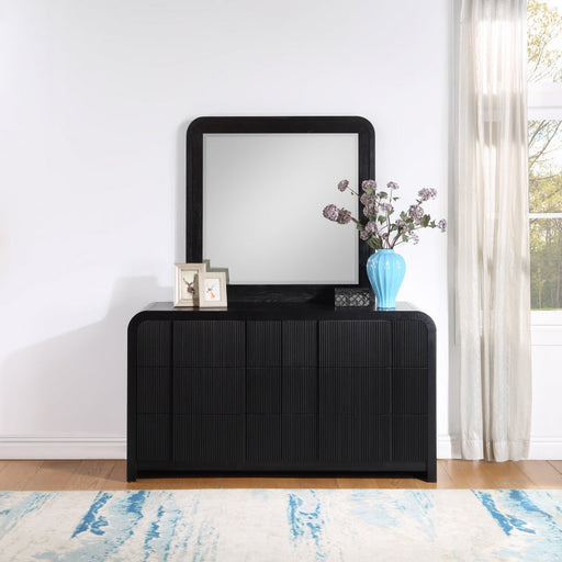 Fluted Solid Wood And Oak Veneer Mirror in Black - 314Black-M