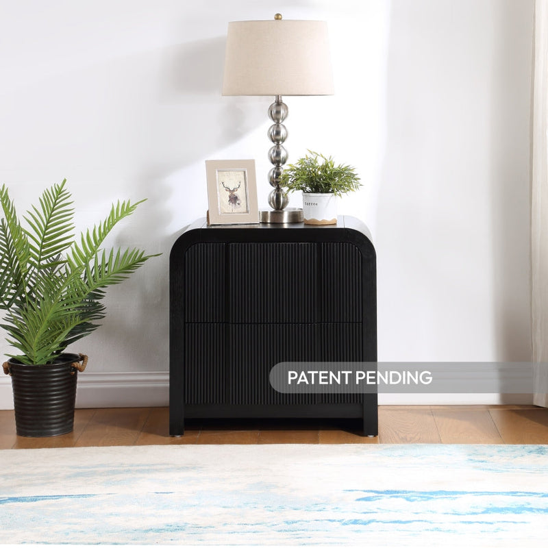 Fluted Solid Wood And Oak Veneer Nightstand in Black - 314Black-NS