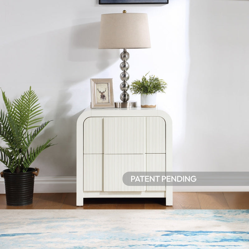 Fluted Solid Wood And Oak Veneer Nightstand in Cream - 314Cream-NS