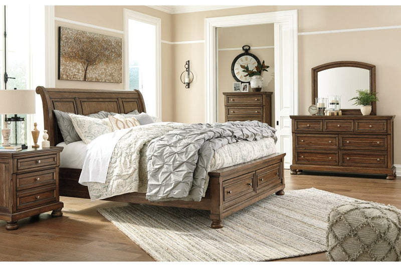 Flynnter Medium Brown Queen Sleigh Bed with 2 Storage Drawers - Gate FurnitureQueen Bed