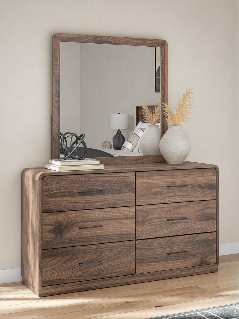 Fortlorn Walnut Brown Queen Panel Bed, Dresser, Mirror and Nightstand - PCB386B7