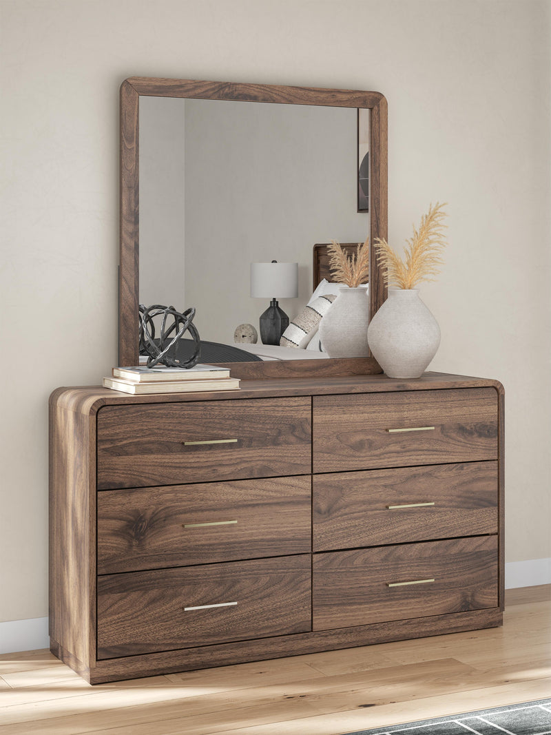 Fortlorn Walnut Brown Queen Panel Bed, Dresser, Mirror and Nightstand - PCB386B7