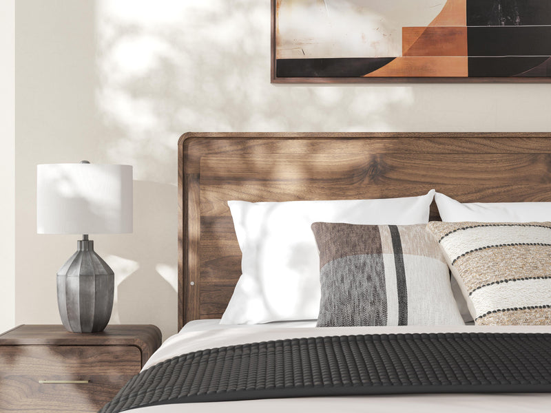 Fortlorn Walnut Brown Queen Panel Bed, Dresser, Mirror and Nightstand - PCB386B7
