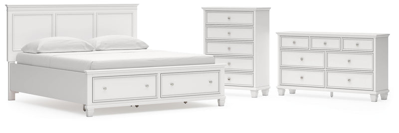 Fortman California King Panel Storage Bed, Dresser and Chest in White - PKG023784