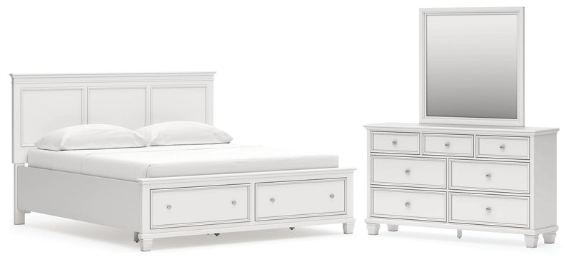 Fortman California King Panel Storage Bed, Dresser and Mirror in White - PKG023781