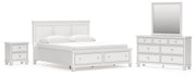 Fortman California King Panel Storage Bed, Dresser, Mirror and Nightstand in White - PKG023782