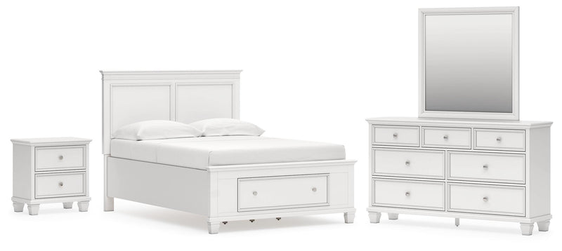 Fortman Full Panel Storage Bed, Dresser, Mirror and Nightstand in White - PKG023792