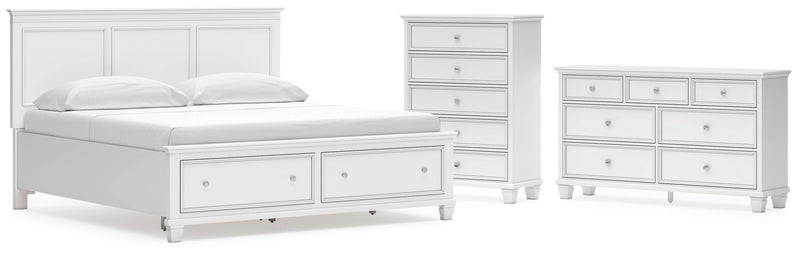 Fortman King Panel Storage Bed, Dresser and Chest in White - PKG023779
