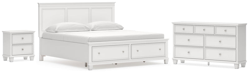 Fortman King Panel Storage Bed, Dresser and Nightstand in White - PKG023778