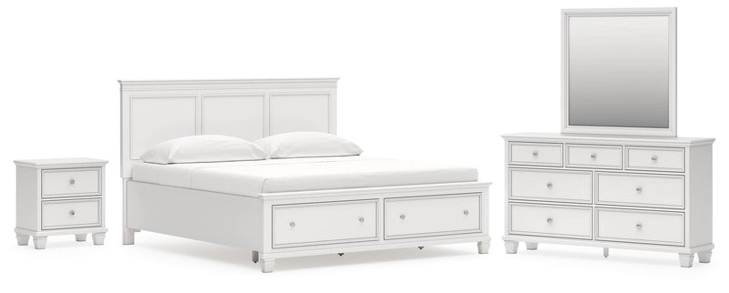 Fortman King Panel Storage Bed with Mirrored Dresser and Nightstand in White - PKG023777