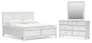 Fortman King Panel Storage Bed with Mirrored Dresser in White - PKG023776