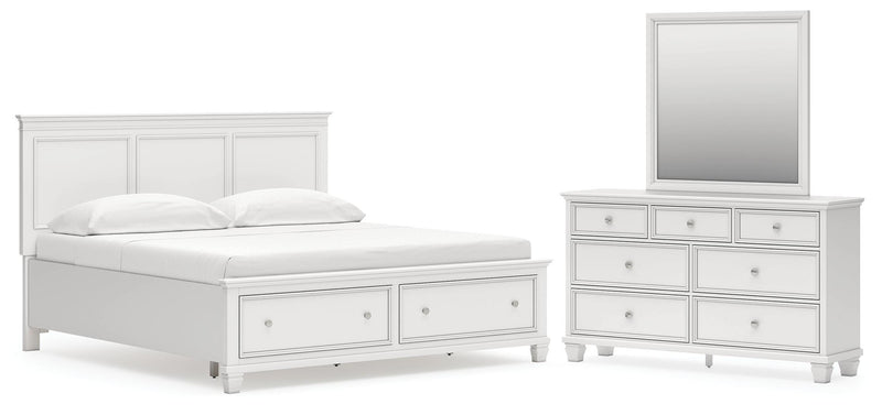 Fortman King Panel Storage Bed with Mirrored Dresser in White - PKG023776