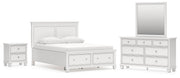 Fortman Queen Panel Storage Bed with Mirrored Dresser and Nightstand in White - PKG023772