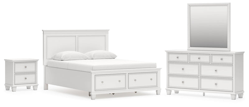 Fortman Queen Panel Storage Bed with Mirrored Dresser and Nightstand in White - PKG023772
