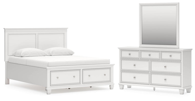 Fortman Queen Panel Storage Bed with Mirrored Dresser in White - PKG023771