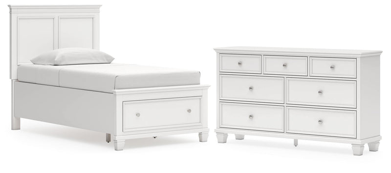 Fortman Twin Panel Storage Bed and Dresser in White - PKG023785