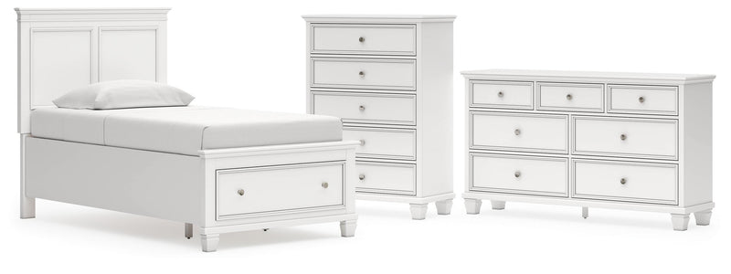 Fortman Twin Panel Storage Bed, Dresser and Chest in White - PKG023789