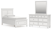 Fortman Twin Panel Storage Bed, Dresser and Mirror in White - PKG023786