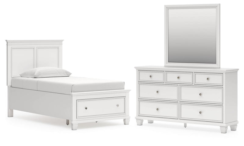 Fortman Twin Panel Storage Bed, Dresser and Mirror in White - PKG023786