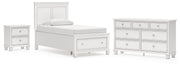 Fortman Twin Panel Storage Bed, Dresser and Nightstand in White - PKG023788