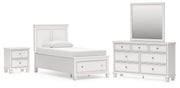 Fortman Twin Panel Storage Bed, Dresser, Mirror and Nightstand in White - PKG023787
