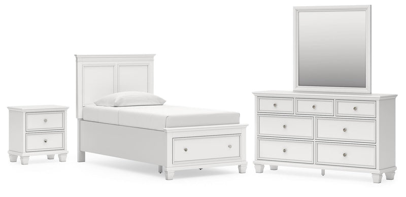 Fortman Twin Panel Storage Bed, Dresser, Mirror and Nightstand in White - PKG023787