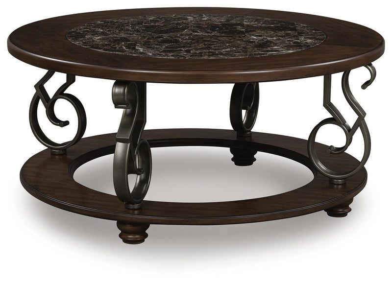 Frallyn Warm Brown Coffee Table and 2 Ends - T623T1