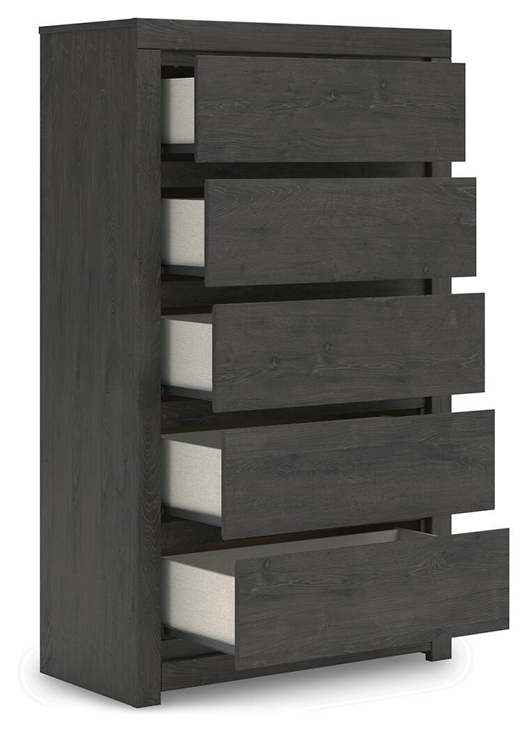 Fraluna King Panel Bed, Dresser, Mirror and Chest in Charcoal - PKG021666