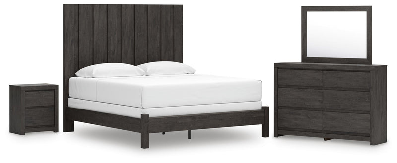 Fraluna King Panel Bed, Dresser, Mirror and Nightstand in Charcoal - PKG021665