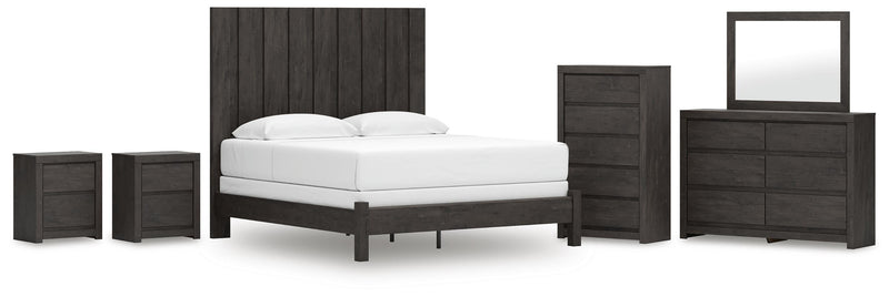 Fraluna King Panel Bed, Dresser, Mirror, Chest and 2 Nightstands in Charcoal - PKG021664