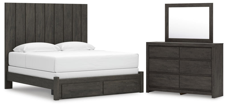 Fraluna King Panel Storage Bed, Dresser and Mirror in Charcoal - PKG021678