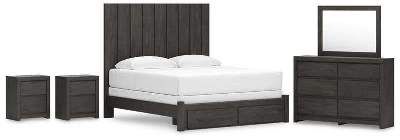 Fraluna King Panel Storage Bed, Dresser, Mirror and 2 Nightstands in Charcoal - PKG021679