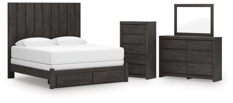 Fraluna King Panel Storage Bed, Dresser, Mirror and Chest in Charcoal - PKG021682