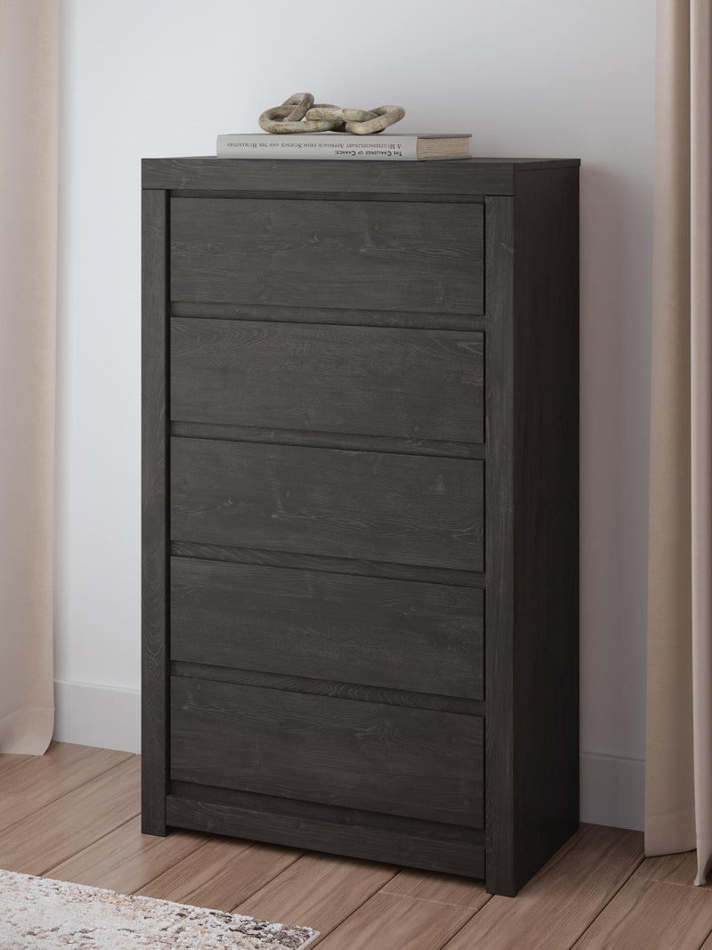 Fraluna King Panel Storage Bed, Dresser, Mirror and Chest in Charcoal - PKG021682