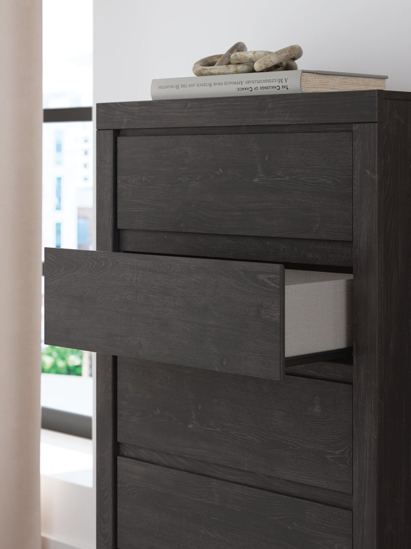Fraluna King Panel Storage Bed, Dresser, Mirror and Chest in Charcoal - PKG021682