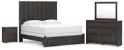 Fraluna King Panel Storage Bed, Dresser, Mirror and Nightstand in Charcoal - PKG021681