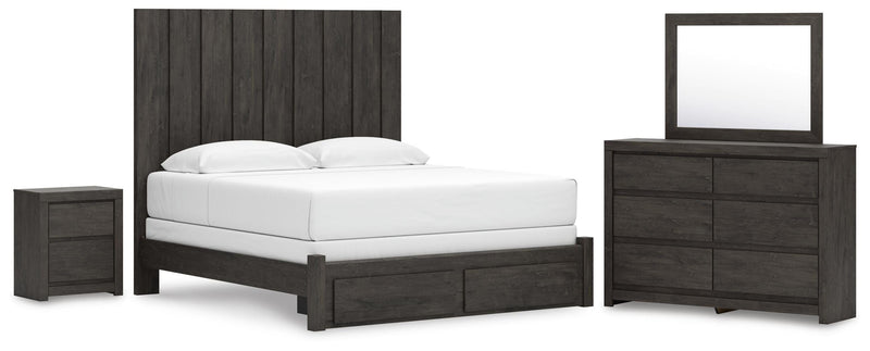 Fraluna King Panel Storage Bed, Dresser, Mirror and Nightstand in Charcoal - PKG021681