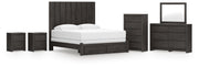 Fraluna King Panel Storage Bed, Dresser, Mirror, Chest and 2 Nightstands in Charcoal - PKG021680