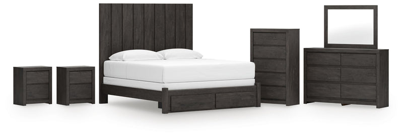 Fraluna King Panel Storage Bed, Dresser, Mirror, Chest and 2 Nightstands in Charcoal - PKG021680