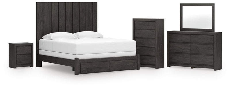 Fraluna King Panel Storage Bed, Dresser, Mirror, Chest and Nightstand in Charcoal - PKG021683