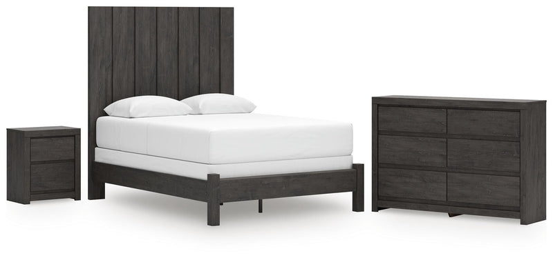 Fraluna Queen Panel Bed, Dresser and Nightstand in Charcoal - PKG021661
