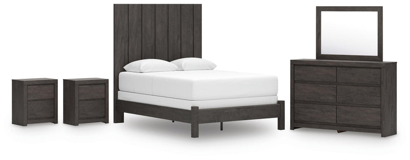 Fraluna Queen Panel Bed, Dresser, Mirror and 2 Nightstands in Charcoal - PKG021655
