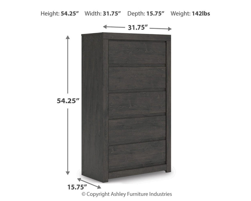 Fraluna Queen Panel Bed, Dresser, Mirror and Chest in Charcoal - PKG021658