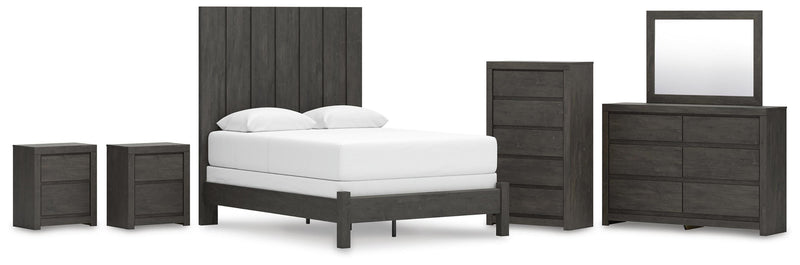 Fraluna Queen Panel Bed, Dresser, Mirror, Chest and 2 Nightstands in Charcoal - PKG021656