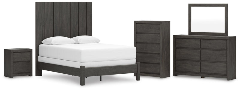 Fraluna Queen Panel Bed, Dresser, Mirror, Chest and Nightstand in Charcoal - PKG021659
